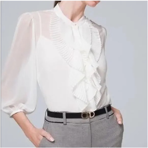 White House Black Market Tops - White House Black Market White Sheer Pleated Ruffled blouse -M